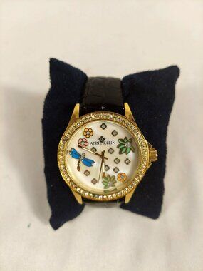 Anne Klein Dragonfly Rhinestone Watch Vintage 1988 Leather Band
